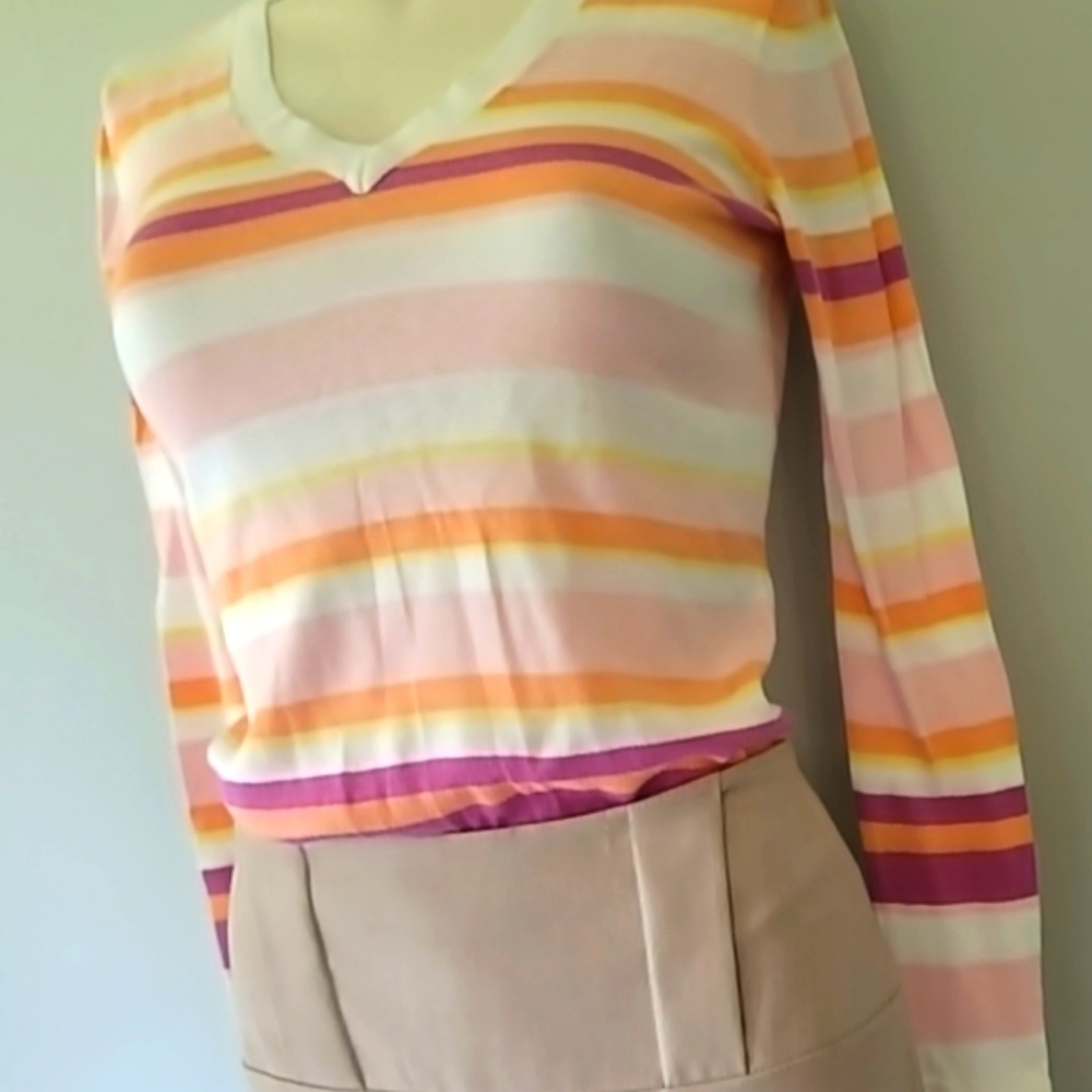 IZOD Petite V-Neck Long Sleeve Multicolor Striped Sweater Size XS